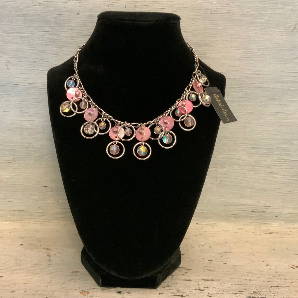 Cookie Lee Pink‎ Shell Iridescent Tiered Dangling Statement Necklace 15-18" GC
